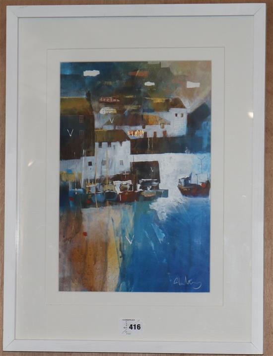 Glyn Macey, mixed media, Corner of the Quay, signed, Broadway Modern label verso, 17.5 x 11.5in.